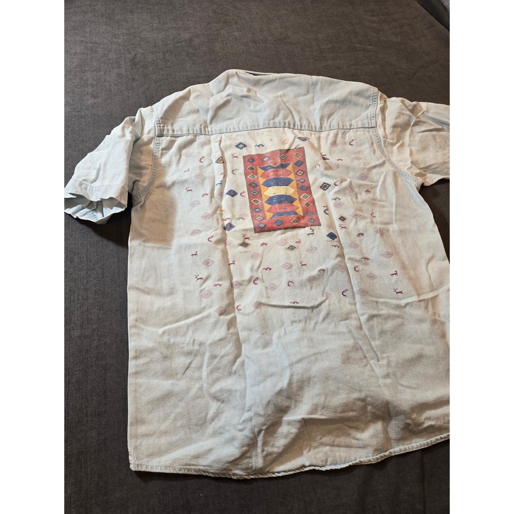 Vtg 3 Rivers Shirt Mens Medium Light Wash Western Aztec Tribal Distressed Denium